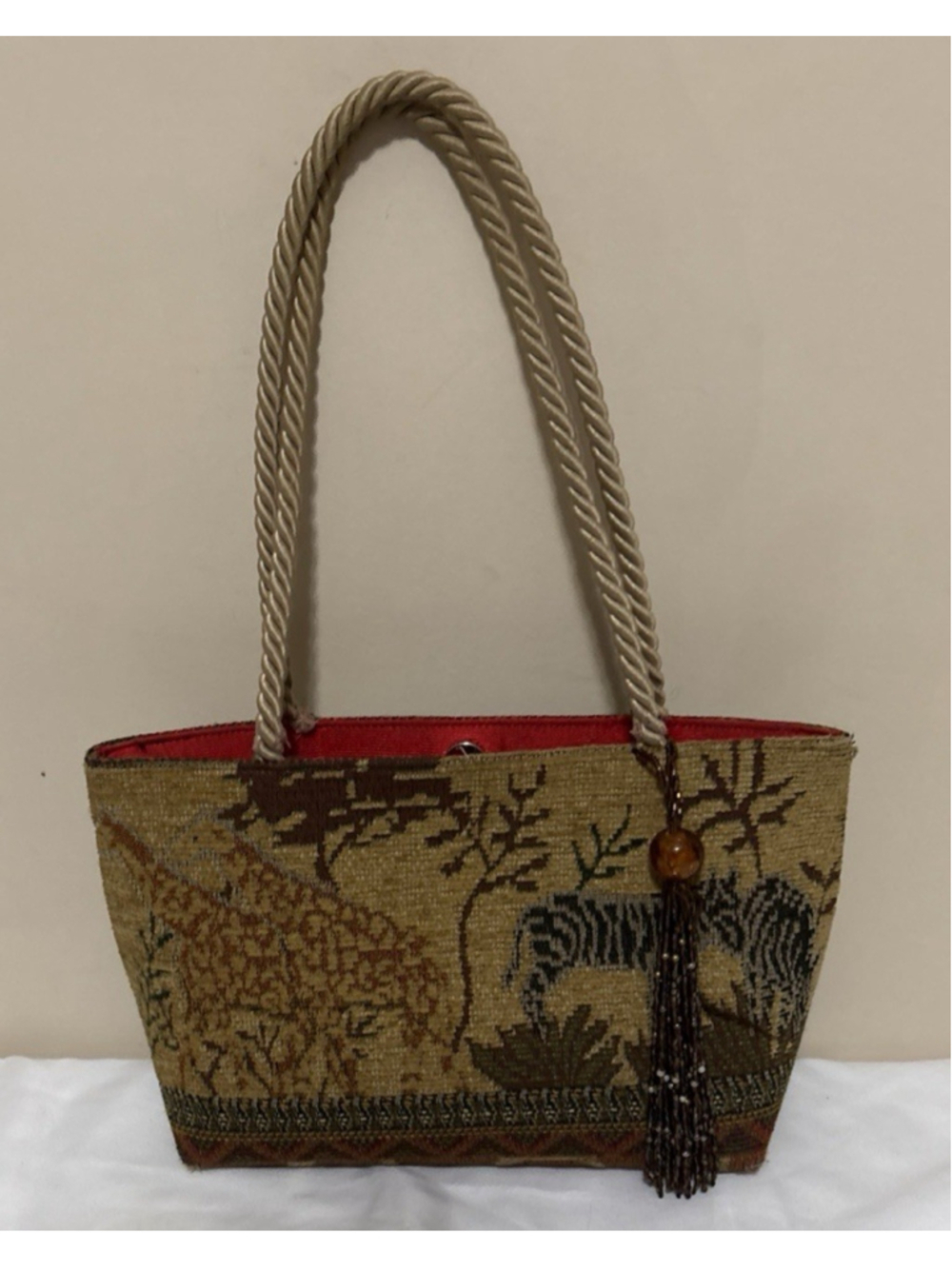 Vintage Sana Tapestry Safari Carpet Boho Handbag Beaded Accent Satin Rope Handle